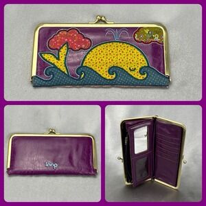 Loop Vintage Style Kiss Lock Wallet Hand Appliquéd Yellow Whale Purple Whimsical